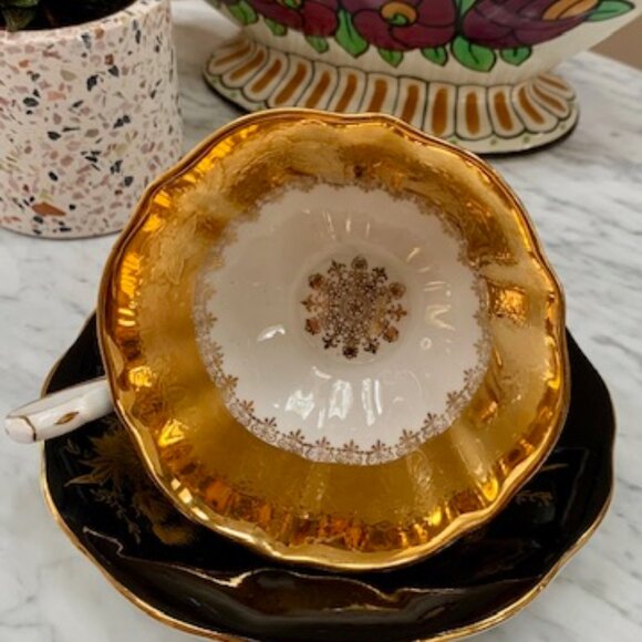 Rare and Stunning Heavy Gold Embossed Black Teacup and Saucer - Picture 3 of 3